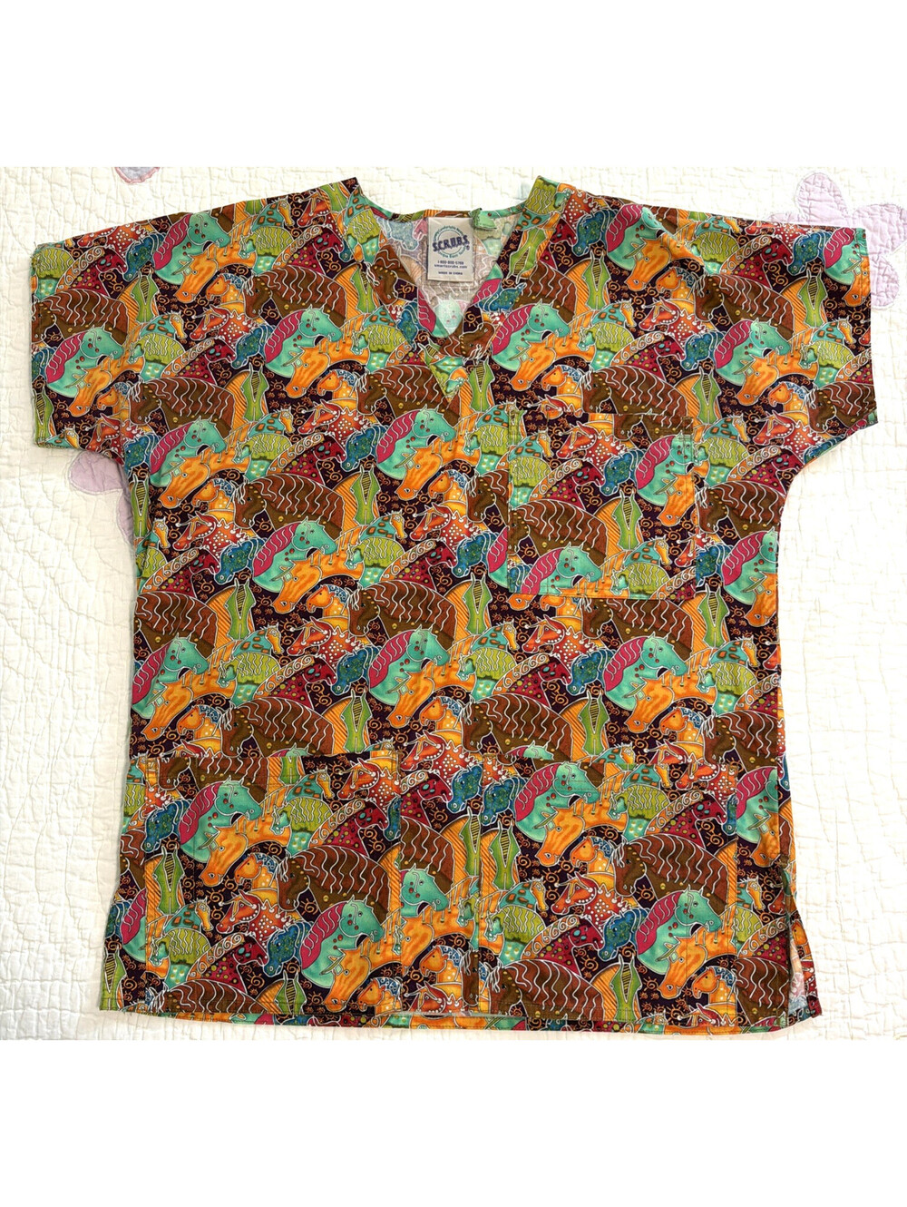 SCRUBS Brand Women's Scrub Top Horse Equestrian Colorful Animal Print V-Neck
